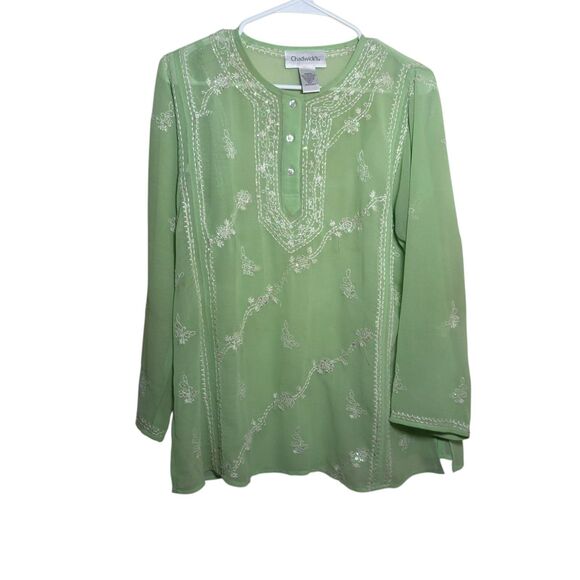 Chadwick's Blouse Women's 12 Green Embroidered Popover Sheer Top Boho Sequin - Picture 1 of 11